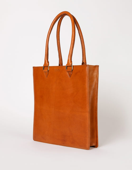 Mila Long Handle Cognac Classic Leather. Large rectangular shopper for women. Side product image.