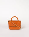 Nano Bag Cognac Classic Leather. Small clutch handbag, party bag. Front product image with strap.