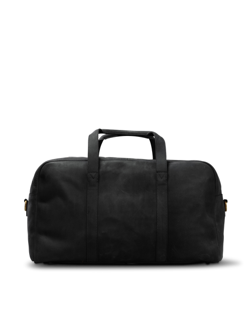 Otis Weekender Black Hunter Leather. Large travel bag for men. Back product image.