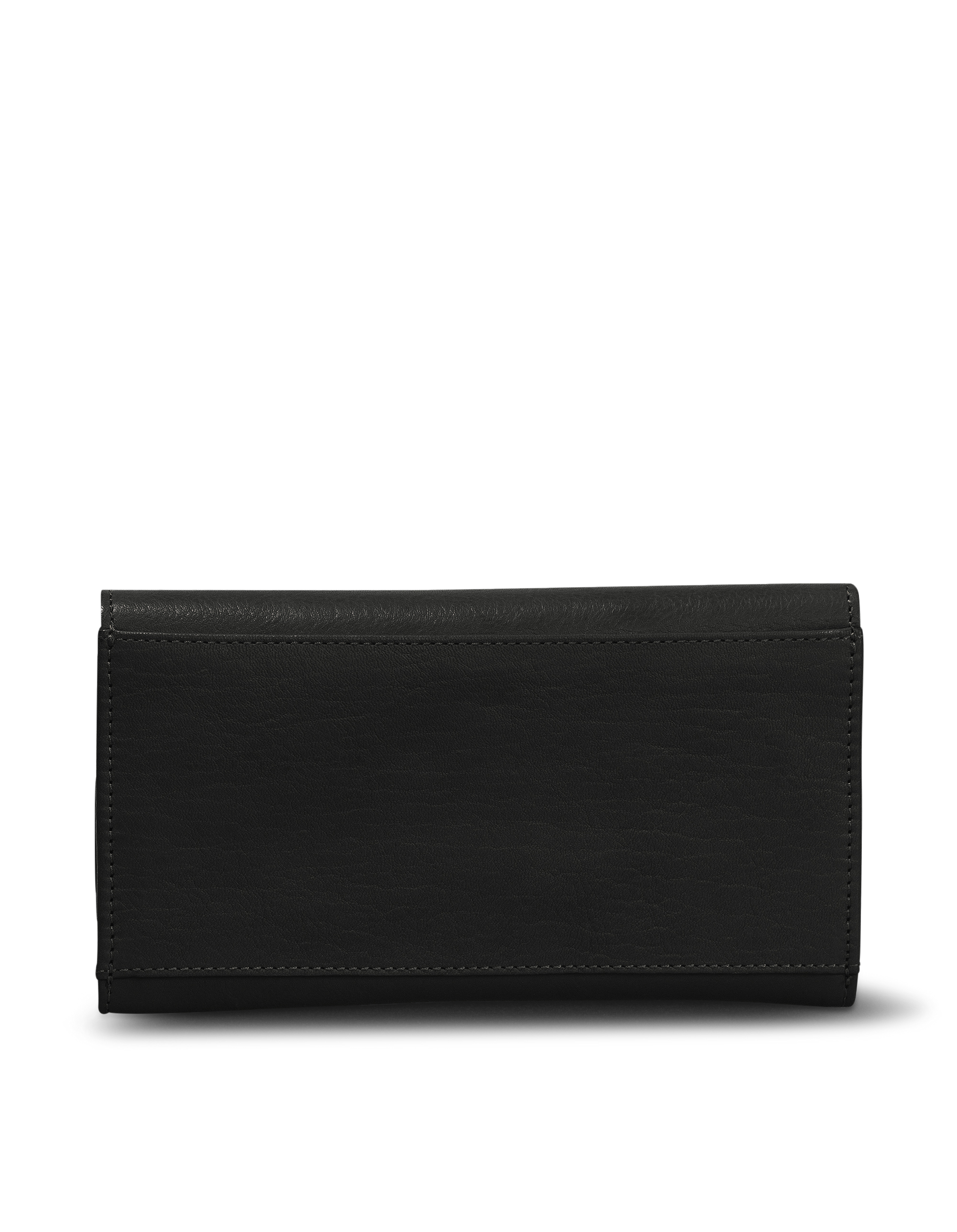 Pixie Pouch Black Soft Grain Leather. Rectangular shaped fold over wallet. Back product image.
