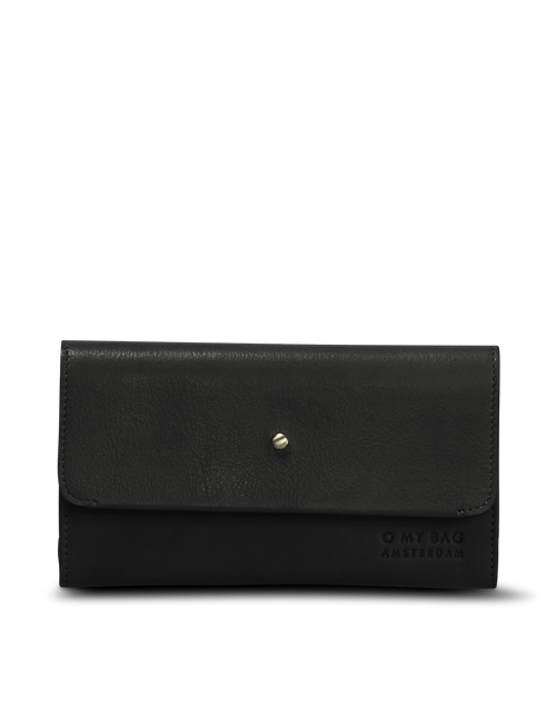 Pixie Pouch Black Soft Grain Leather. Rectangular shaped fold over wallet. Front product image.