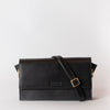 Stella in black classic leather with adjustable leather strap. Front product image.