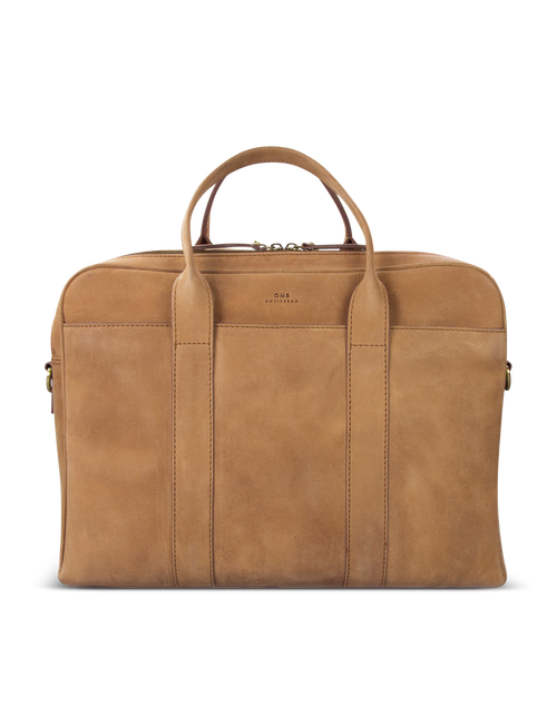 Camel Leather business bag. Front product image.