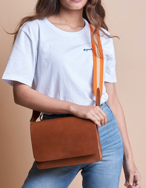 Webbing Strap Orange Webbing with Cognac Leather with Audrey