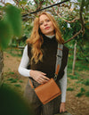 Audrey Mini Apple Vegan Leather Cognac Rectangle Ladies Handbag, Model Lifestyle image.