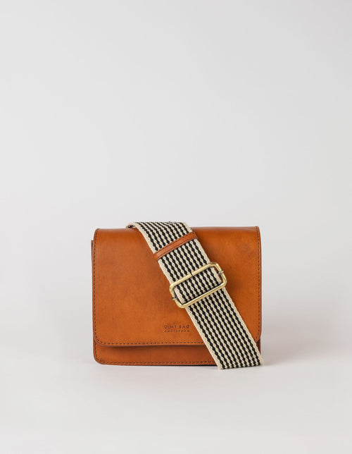Audrey Mini Cognac with Checkered webbing strap - front product image