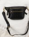 Black Croco Leather womens fanny pack. beck's bum bag. Square shape with an adjustable strap. Lifestyle product image