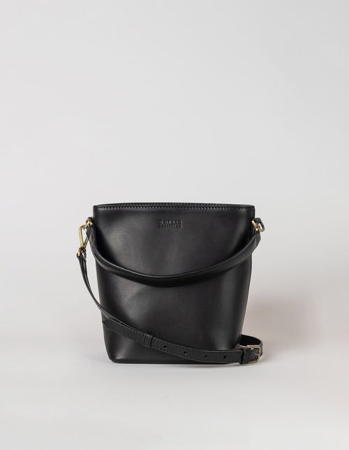 Small Black Bucket bag. Removable long strap. Front product image