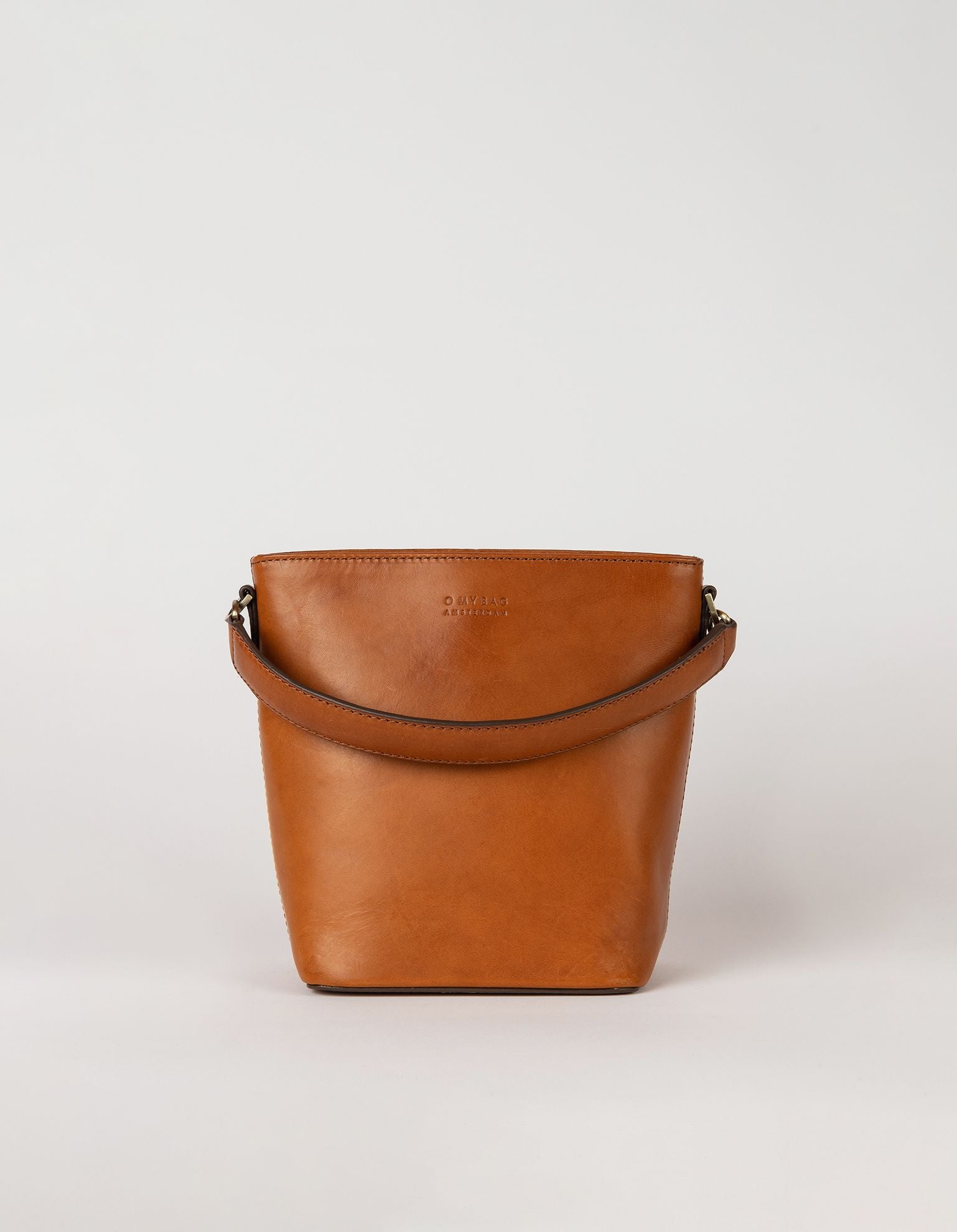 Small Cognac Bucket bag. Removable short strap. Front product image