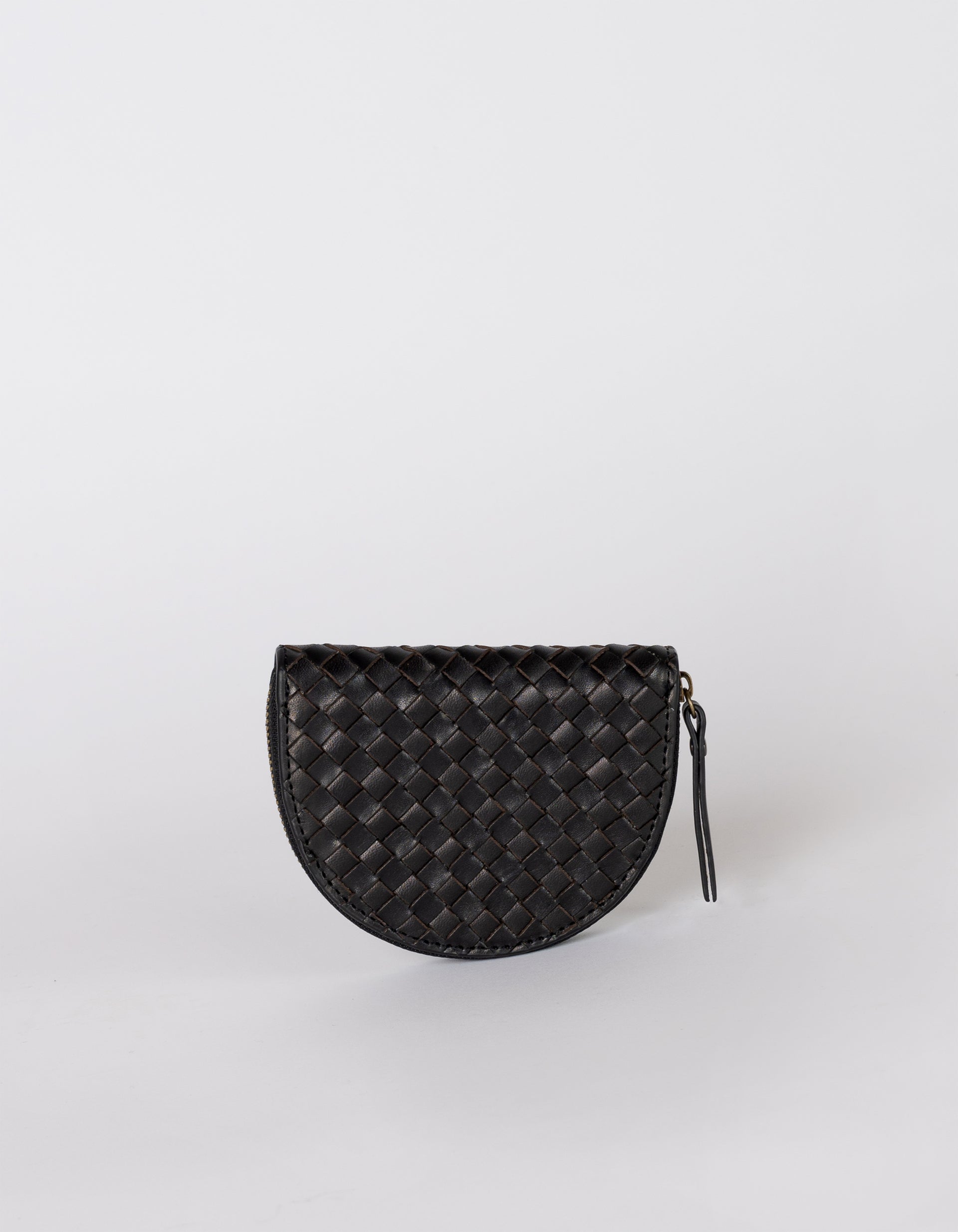 Laura coin purse in black woven leather - front image