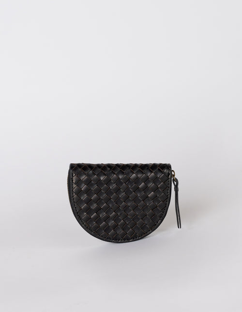 Laura coin purse in black woven leather - front image