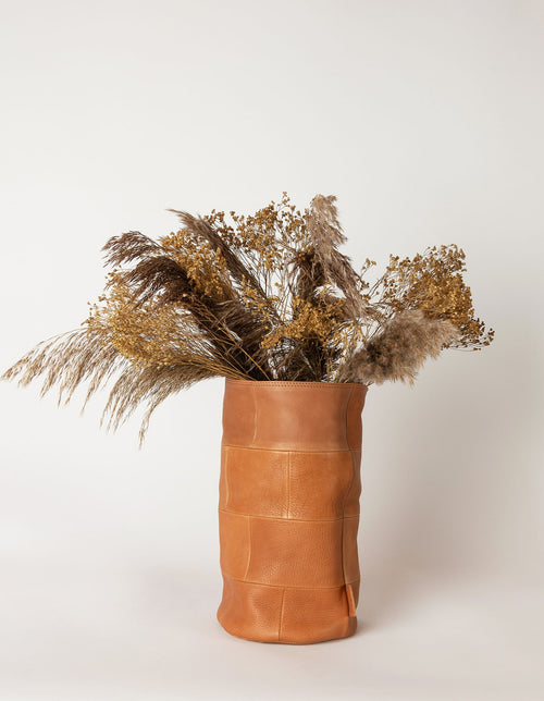 Leather vase wild oak soft grain leather - tall product image with flowers