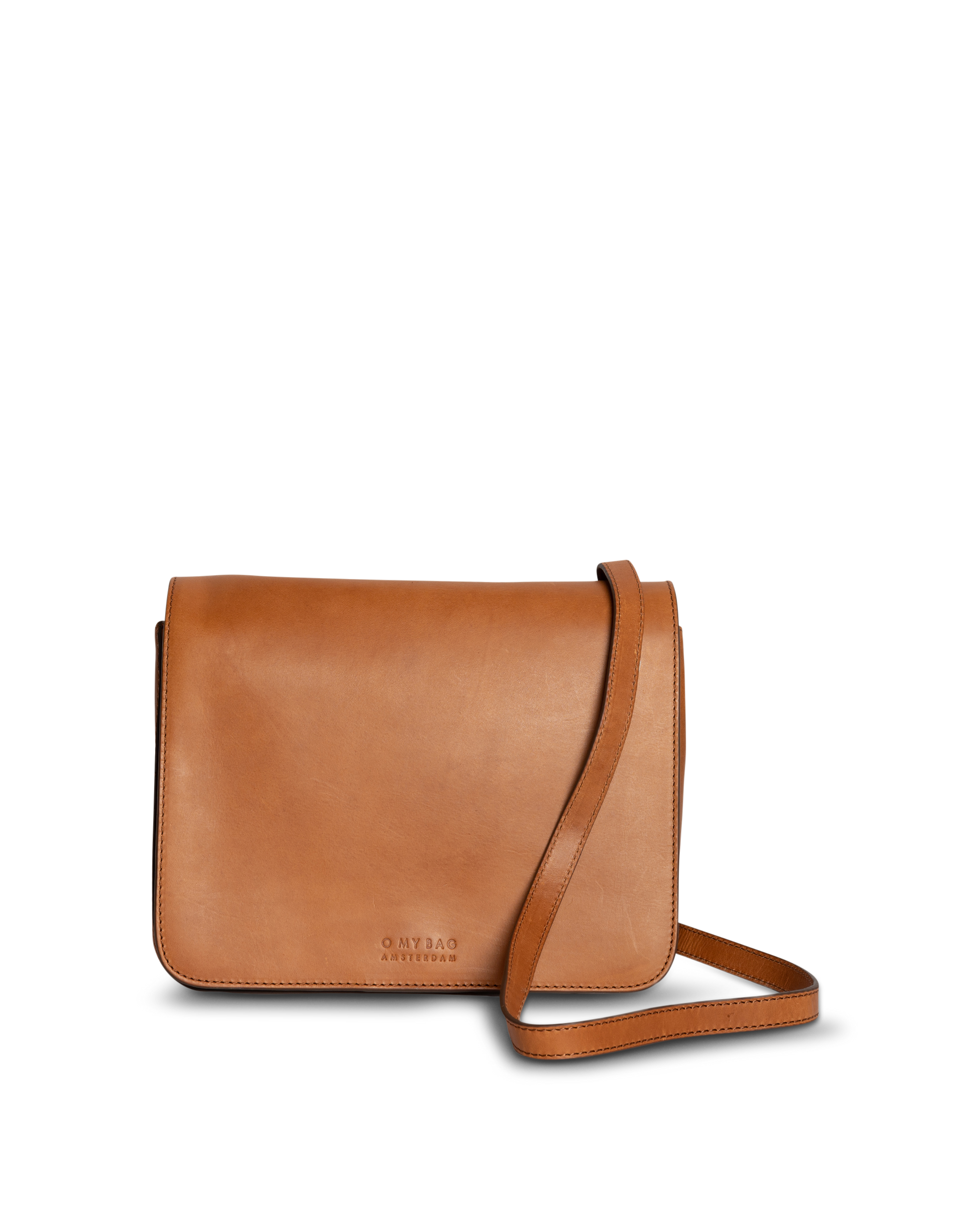 Lucy in cognac classic leather. Crossbody handbag. Front product image.