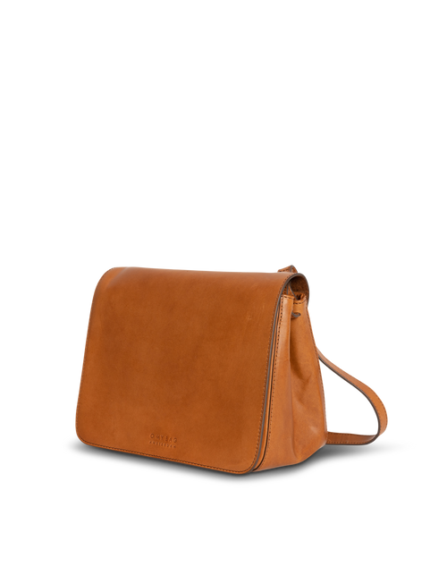 Lucy in cognac classic leather. Crossbody handbag. Side product image.