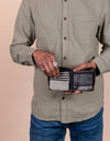 Sonny square wallet in black stromboli leather - male model product image - inside image